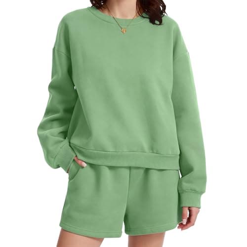 Anyshe Women's 2 Piece Fleece Lined Short Set - High Waisted Crew Neck Sweatshirt and Shorts, Soft Cozy Loungewear for Air Conditioned Rooms and All Season Wear, Light Green, Small - Image 1