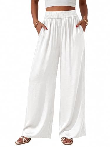 BTFBM Wide Leg Pants Woman Summer 2026 Pockets Dressy Flowy Lightweight Glitter Satin Palazzo Beach Vacation Clothes(White, Large) - Image 1