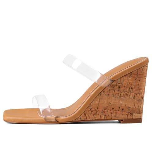 EQAUDES Wedges Heels Ladies Sandals Beach Shoes - Clear Two Strap, Chunky, Espadrilles, Open Toe, Summer, Vacation