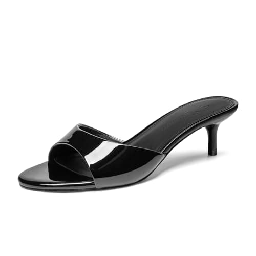 Athlefit Kitten Heels for Women Open Round Toe Comfortable Short Low Heels Summer Dressy Slip On Walking Heeled Sandals Black Patent Size 7 - Image 1