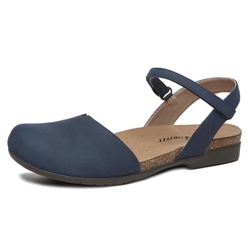 Athlefit Women's Closed Toe Sandals Comfort Cork Footbed Arch Support Flat Sandals Navy Size 7.5 - Image 1