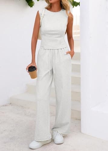 Lazysmile 2 Piece Sets for Women Summer Outfits Lounge Sets Sleeveless Tops Wide Legs Long Pants Tracksuits - Thumbnail 3
