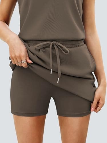 Casly Lamiit Two Piece Skirt Sets for Women Summer Tennis Skirt with Shorts Set Half Zip Active Wear Tops Spring Break Athleisure Going Out Travel Vacations Outfits Coffee L - Thumbnail 6