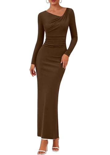 Lazysmile Women's Long Sleeve Asymmetrical Neck Bodycon Maxi Dress Back Slit Ruched Party Cocktail Wedding Guest Dressees Brown - Image 1