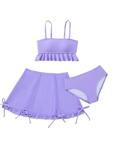 Girls Swimsuit 3 Piece Set Ruffle Tankini Top with Swim Skirt and Bikini Bottom, Adjustable Strap Girls Bathing Suit for Beach Pool Summer, Purple, Ages 15-16 Years - Image 1