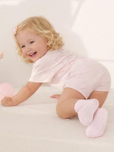 ALLOVIN 6 Pairs Non-Slip Ruffle Lace Socks for Baby & Toddler Girls – Soft Cotton Grip Socks | Pure White/Off-White | 6-12 Months - Thumbnail 3