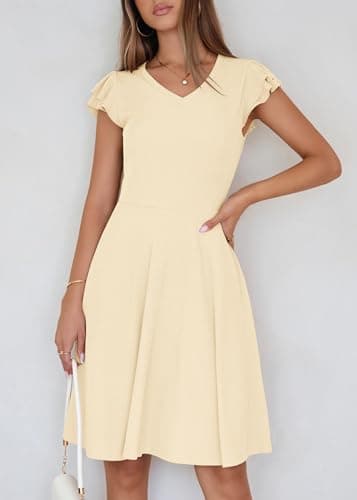 Lazysmile Summer Dresses for Women Ruffle Short Sleeve V Neck A Line Swing Ribbed Knit Casual Mini Short Dress Apricot - Thumbnail 3