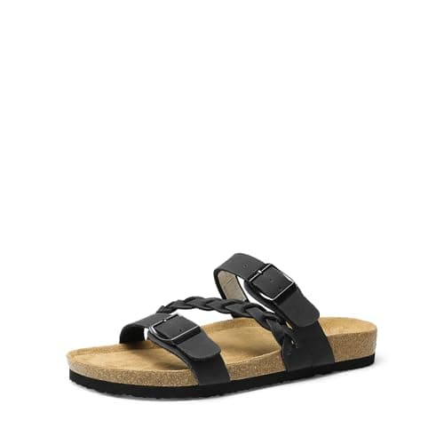DREAM PAIRS Women's Slides Soft Cork Footbed Sandals Comfortable Walking Slip-on Flat Sandals Arch Support Adjustable Buckle Braided Straps Slippers,Size 8,Black,DWUMSS2547 - Image 1