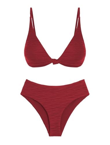 ZAFUL Bikini Sets for Women 2 Piece High Cut Swimsuits Sexy V Neck Knot Front Push Up Bikini Top High Leg Thong Bathing Suit Bottom Wine XL - Image 1