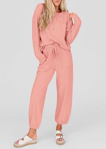 KIRUNDO Lounge Sets for Women 2026 Spring Airport Travel Outfits Ribbed Knit Tops Jogger Pants Tracksuit Postpartum Comfy Set(Pink, Medium) - Thumbnail 3
