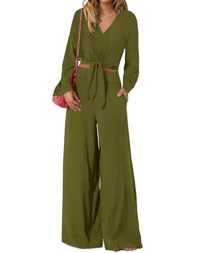 PRETTYGARDEN Women's 2 Piece Outfits 2026 Spring Fashion V Neck Long Sleeve Strappy Crop Top Wide Leg Pant Lounge Sets(Olive Green,Small) - Image 1