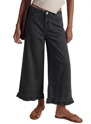 EVALESS Womens Wide Leg Jeans 2026 Trendy Mid-Rise Cropped Baggy Jeans Loose Fit Cute Ruffle Hem Trouser Denim Pants with Pockets Grey Size 16 - Image 1