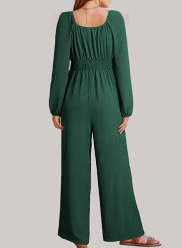 Dokotoo Lady Dressy Jumpsuits One Piece 2026 Spring Square Neck Boho Jumperss Adjustable Waisted Petite Wide Leg Vacation Outfits Plus Size with Pockets,Blackish Green X-Large - Thumbnail 3