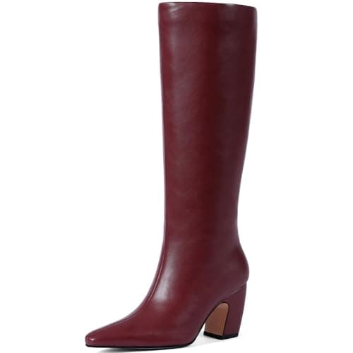 Tarkwa Women's Knee High Boots, Comfortable Square Toe Faux Leather Boot Fashion Long Tall Boots for Riding Chunky High Heeled Dress/Casual Boot, Burgundy Size 7 - Image 1