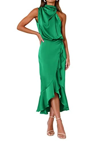 KIRUNDO Women 2026 Spring Summer Satin Mock Neck Wedding Guest Party Cocktail Midi Dress Sleeveless Wrap Ruffle Formal Dress(Grass Green, Small) - Image 1