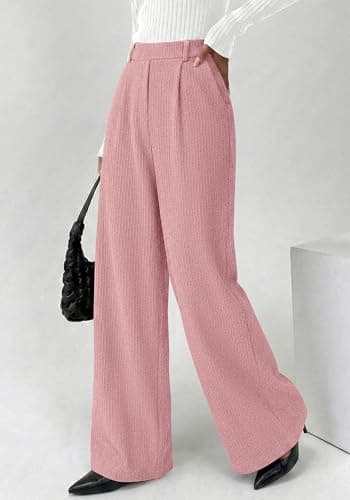 BTFBM Wide Leg Pants for Women Dressy Work Business Casual Elastic High Waisted Trousers Ribbed Lounge Palazzo Pants(Pink, XX-Large) - Thumbnail 2