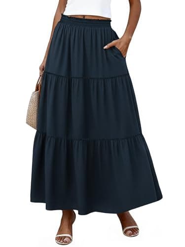 Bellcoco Long Skirts for Women Maxi Spring Summer Swing Tiered A-Line Elastic High Waist Boho Flowy Skirts with Pockets Navy Medium - Image 1