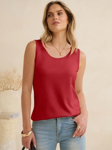 ANRABESS Tank Tops for Women Waffle Knit Scoop Neck Flowy Casual Sleeveless Shirts 2026 Summer Clothes Bright Red X-Large - Thumbnail 3