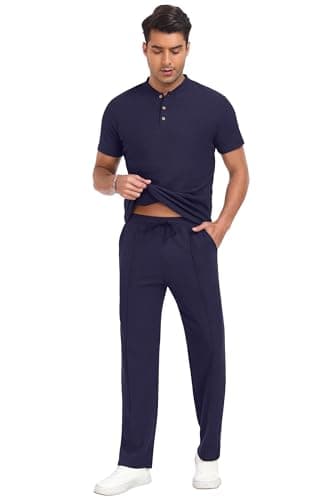 PrinStory Men's Short Sleeve Outfits Waffle Knit Henley Shirt and Pants Set Casual 2 Pieces Summer Tracksuits with Pockets Navy Blue-M - Thumbnail 5