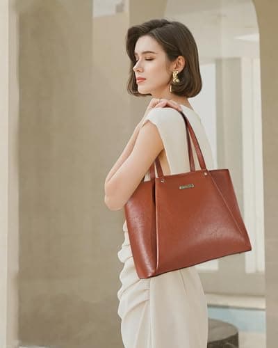 Blofinche Large Leather Tote Bag for Women with Multiple Pockets, 15.6 Inch Laptop Bag for Work & School, Structured Organized Teacher Bag, College Purse with Handles, Brown - Thumbnail 2