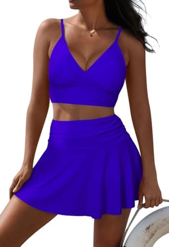 Pink Queen Women High Wasited Bikini Shoulder Strap 2 Piece High Waisted Swimsuits Swim Skirt Bathing Suit Sapphire Blue L - Image 1