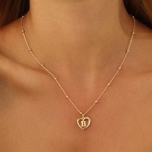 Cicy Bell Womens Heart Initial Necklace for Women 18k Gold Plated Cubic Zirconia Dainty Letter Pendant Necklace 17.7'' with 2'' Extender - Thumbnail 4