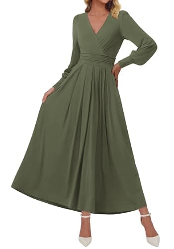 BTFBM Womens Long Sleeve Maxi Dress Fall 2025 Casual V Neck Knit A Line Flowy Pockets Elegant Party Wedding Guest Dresses(Army Green, Small) - Image 1