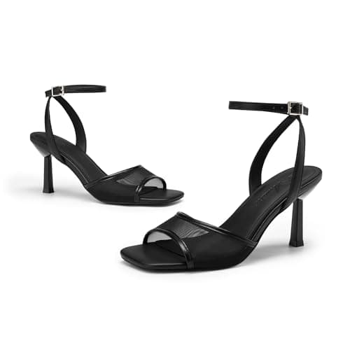 Athlefit Black High Heels for Women Square Open Toe 3-Inch Stiletto Heels Summer Mesh Sexy Strappy Heeled Sandals for Party Prom Size 6.5 - Thumbnail 6