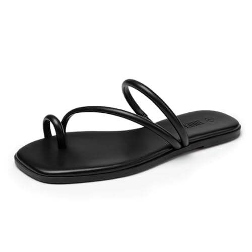 Rihero Black Slide Sandals Women Comfortable Square Toe Strappy Thong Flat Sandals Beach Dressy Slip On Flip Flops Size 9 - Image 1