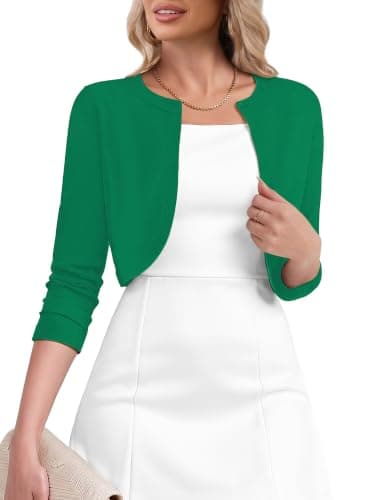 Heymoments Women's Thin Shrugs for Dresses Deep Forest X-Large Open Front 3/4 Sleeve Knit Lightweight Crop Cardigan Dressy Cropped Tops Coat Sweater Clothes - Image 1