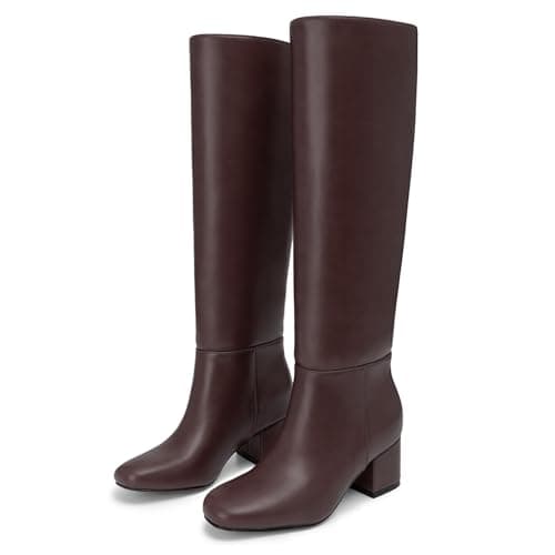 Athlefit Brown Knee High Boots for Women Chunky Low Heel Tall Boots Round Toe Fashion Pull On Booties Size 9 - Thumbnail 4