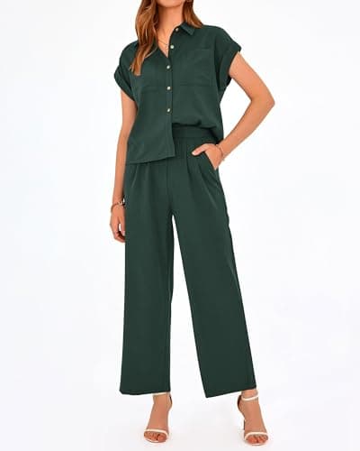 PRETTYGARDEN Womens 2 Piece sets Summer Cap Sleeve Tops Palazzo Pants Dressy Casual Vacation Travel Outfits Tracksuits(Dark Green,X-Large) - Thumbnail 3