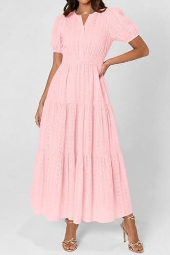 PRETTYGARDEN Womens Summer Maxi Dresses 2026 Casual Puff Sleeve V Neck Smocked Flowy Eyelet Cotton Dress Spring Sundress(Pink,Large) - Thumbnail 2