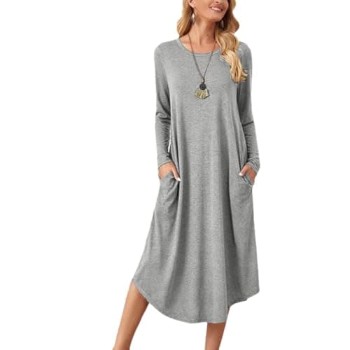 Lounge Dress for Women Long Sleeve Nightgown Midi Long Dress Loose Casual Side Slit Dresses Pocket XXL Grey - Image 1