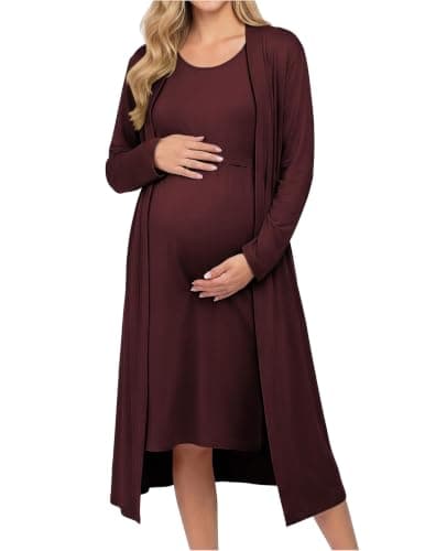 Ekouaer Maternity Nursing Gown and Robe Set Labor Delivery Hosptial Nursing Dress Pregnancy Clothes Maroon M - Image 1
