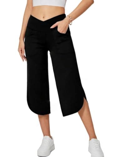 gaimoliso Capri Pants for Women Casual Wide Leg Yoga Crossover High Waist Capri Pants Pockets Loose Soft Sweatpants Capris-Black - Image 1