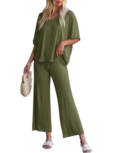 Tankaneo Womens 2 Piece Outfits Lounge Sets Oversized Short Sleeve V Neck Tshirts Wide Leg Cropped Pants Matching Set, ArmyGreen, Large - Image 1