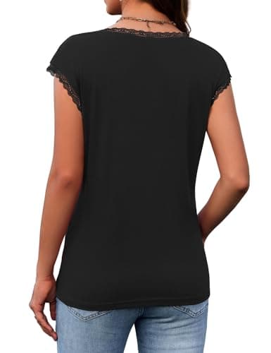 JUSTFASHIONNOW Lace Blouse Soft Cap Sleeve Tops for Women Summer V Neck Tank Tops Dressy Casual Black Shirts Trendy Clothes(Black,Medium) - Thumbnail 6