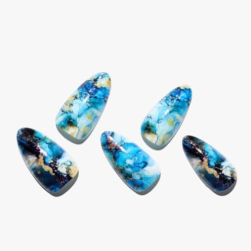 GLAMERMAID Press on Nails Medium Almond,Ombre Blue False Nails with Marble Design,Gel Glue on Nails Reusable UV Full Cover Manicure Set for Women - Image 1