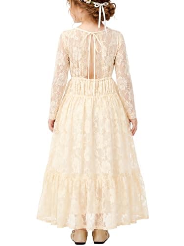 ALLOVIN Toddler & Girls Long Sleeve Lace Flower Girl Dress Maxi Boho A-Line Dress for Wedding Baptism 1st Communion | Light Yellow | 4-5T - Image 1