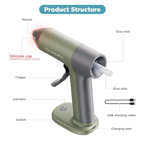 Tilswall 4V Glue Gun, Hot Glue Gun Cordless with Rapid 30s Preheat, 2000mAh Type-C Rechargeable, and 20 Glue Sticks, Anti-drip Nozzle, Auto Shut-Off, Ideal for Crafting - Green - Thumbnail 6