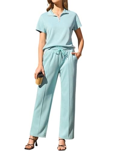 difficort 2 Piece Sets for Women Resort Wear Travel Vacation Outfits Summer Short Sleeve Lounge Sets, Light Blue, Large - Image 1