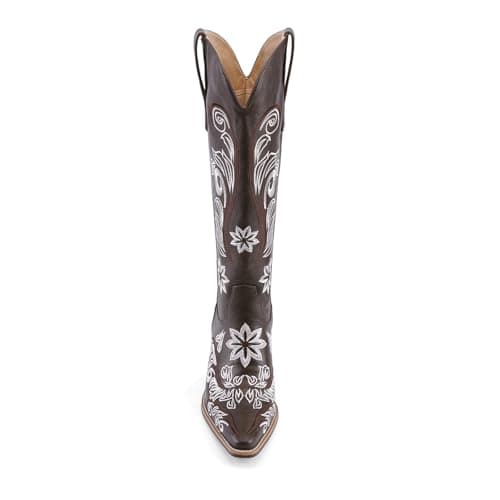 QIV Dark Brown Cowboy Boots for Women Western Pointed Toe Chunky Heel Mid Calf Cowgirl Boots with Embroidered Floral Size 11 - Thumbnail 6