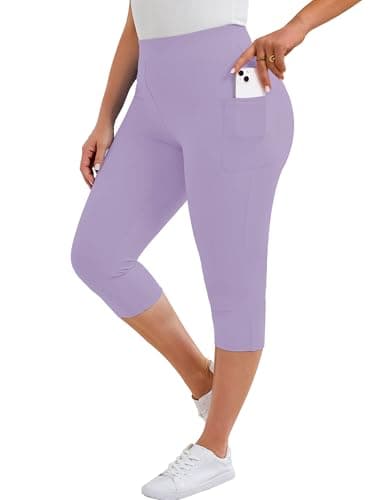 AusLook Plus Size Capri Leggings for Women with Pockets High Waisted Tummy Control Cropped Light Purple 5X Leggings Buttery Soft Stretch Casual Lounge Workout Pants