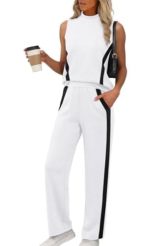XIEERDUO Two Piece Sets for Women Summer Outfits Beach Vacation Clothes Mock Neck Lounge Matching Sets Women Clothing Luxury Fashion Travel White L - Thumbnail 2