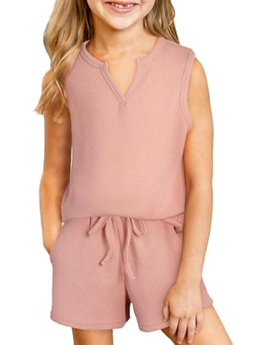 blibean Tween Girls Spring Clothes Sets Little Kids Sleeveless Outfits Teen Trendy Waffle Two Piece Lounge Clothing Hawaiian Dress Shirt Tops Shorts Beach Rompers Size 4T 5T Years Old Pink - Image 1