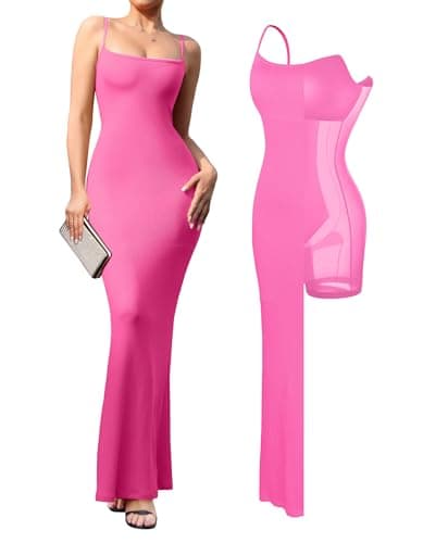 Popilush Bodycon Maxi Dresses with Built in Bra, Spaghetti Strap Pink Dress - Image 1