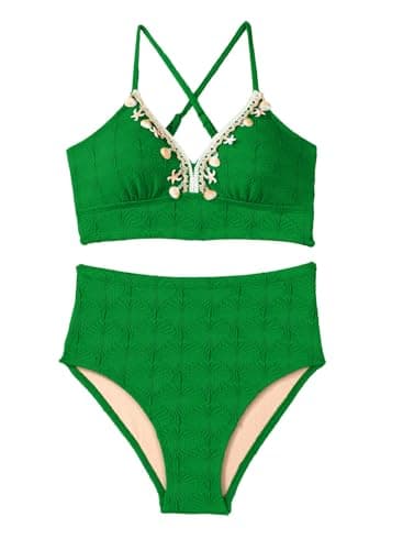 Herseas Women's Seashell Textured Bikini Sets Crochet Boho Trim Shell Decor Crisscross Back Swimsuits High Waisted Green Bathing Suits Chic Resort Essentials Teens Large - Thumbnail 5