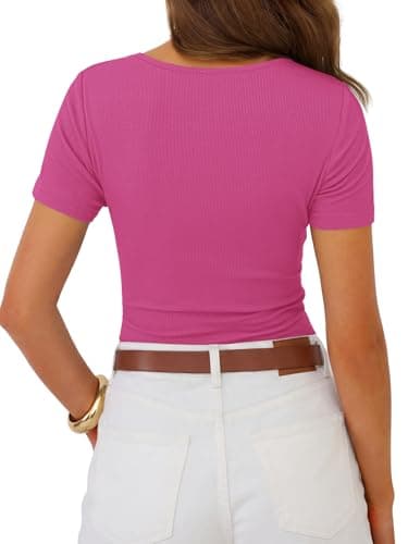 GKBK Women's Short Sleeve Cute Y2k Hot Pink Top V Neck Lace Tops Basic Tees Ribbed Fitted Shirts Going Out Summer Trending Fashion Clothes M - Thumbnail 3