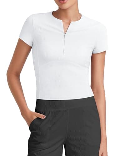 G4Free Womens Short Sleeve Tops Workout Quarter Zip Shirts Athletic Stretchy Slim Fit Ribbed Comfy Lightweight Gym Yoga Top (White,L) - Image 1